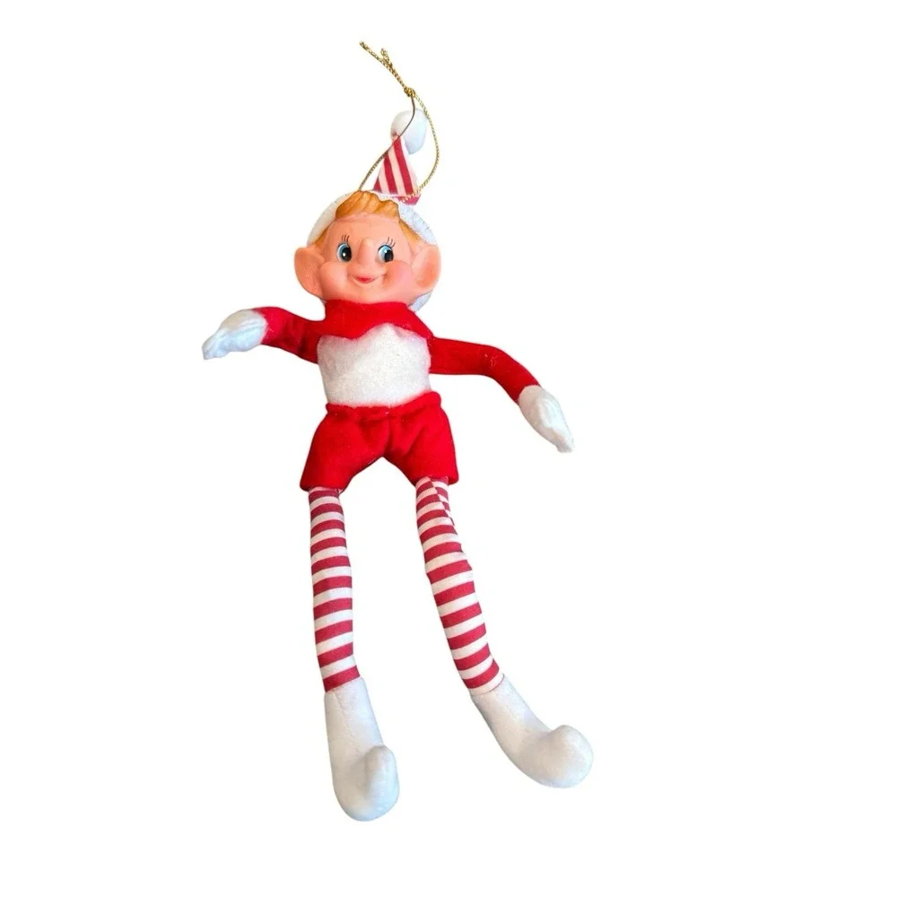 Vintage Christmas Elf Ornament Rubber Face Red White Striped 10 Inch Decor